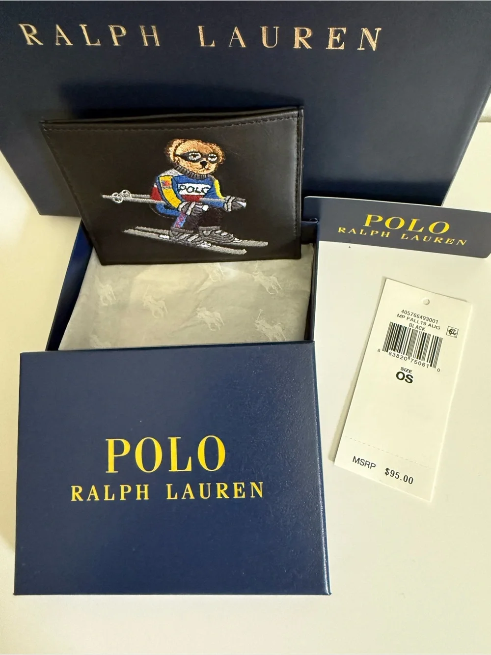 Polo Ralph Lauren Embroidered Ski Bear Leather Card Holder Black NWT OS